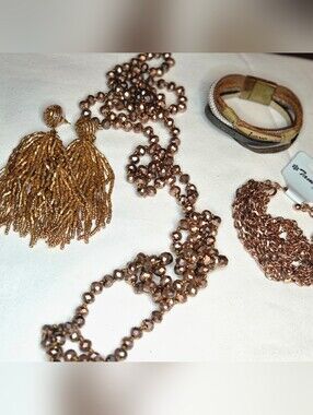 Rose Gold Crystal Long Bead Necklace&  Tassel Earrings Set W/ 2- Rg Braclets